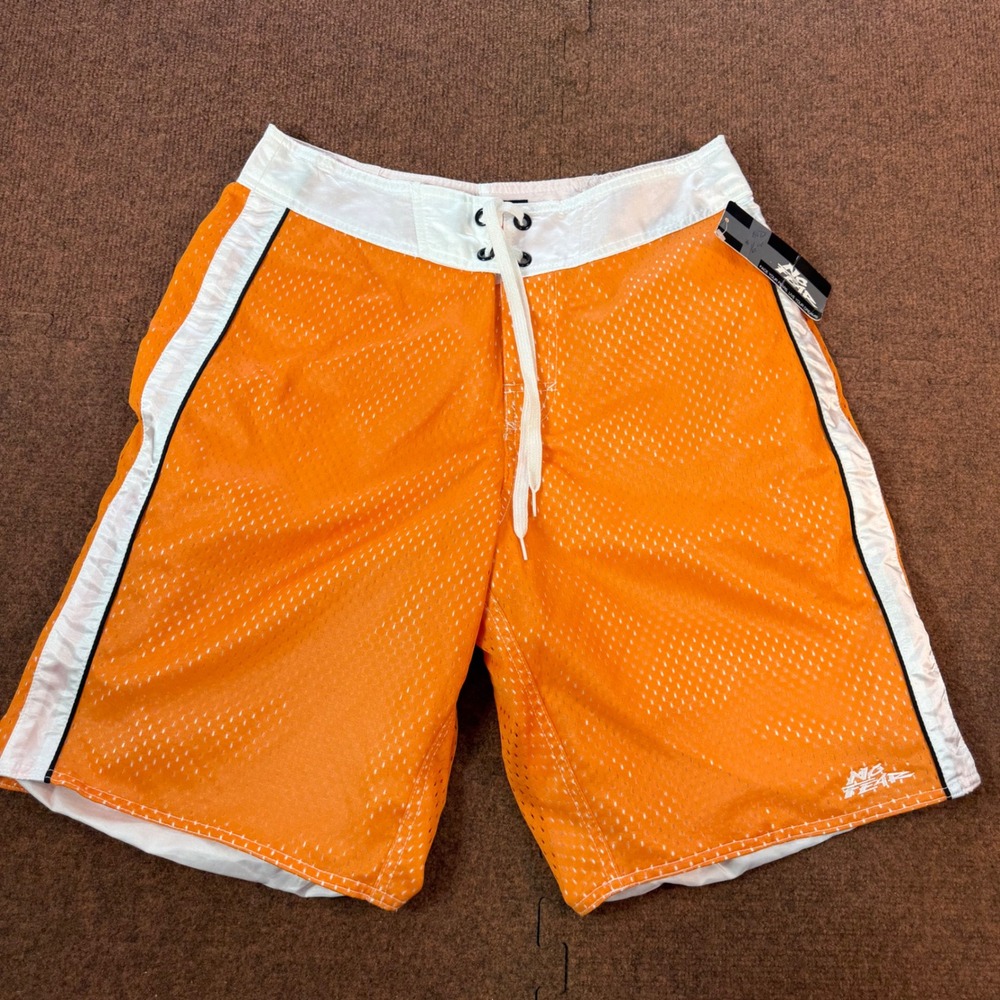 A+ No Fear Vintage 90s Mesh Board Shorts Orange White Mens 32 SB047 Made in USA
